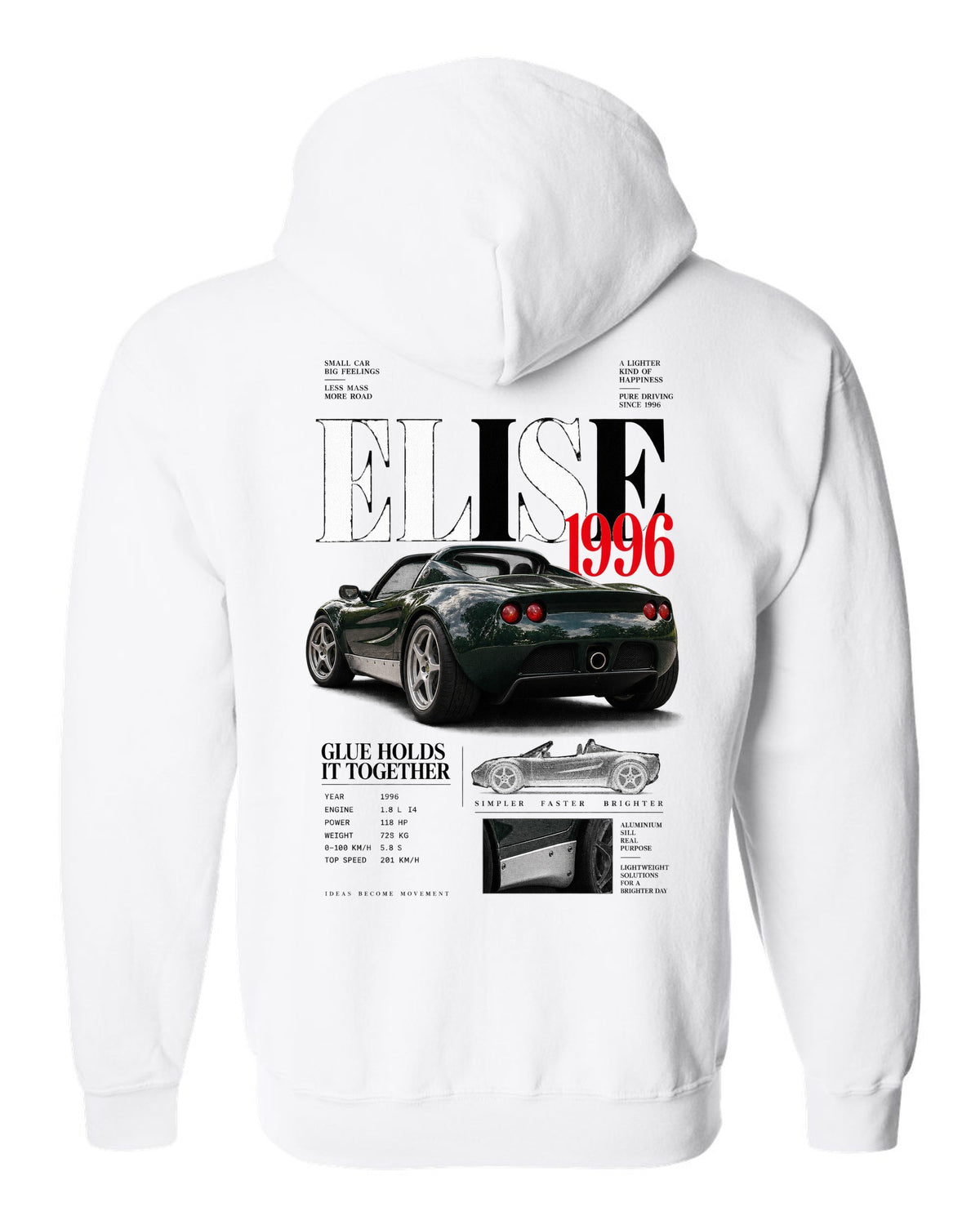 Editorial headline print for a 1996 Lotus Elise S1 with glue holds it together text white zip hoodie back view with the design