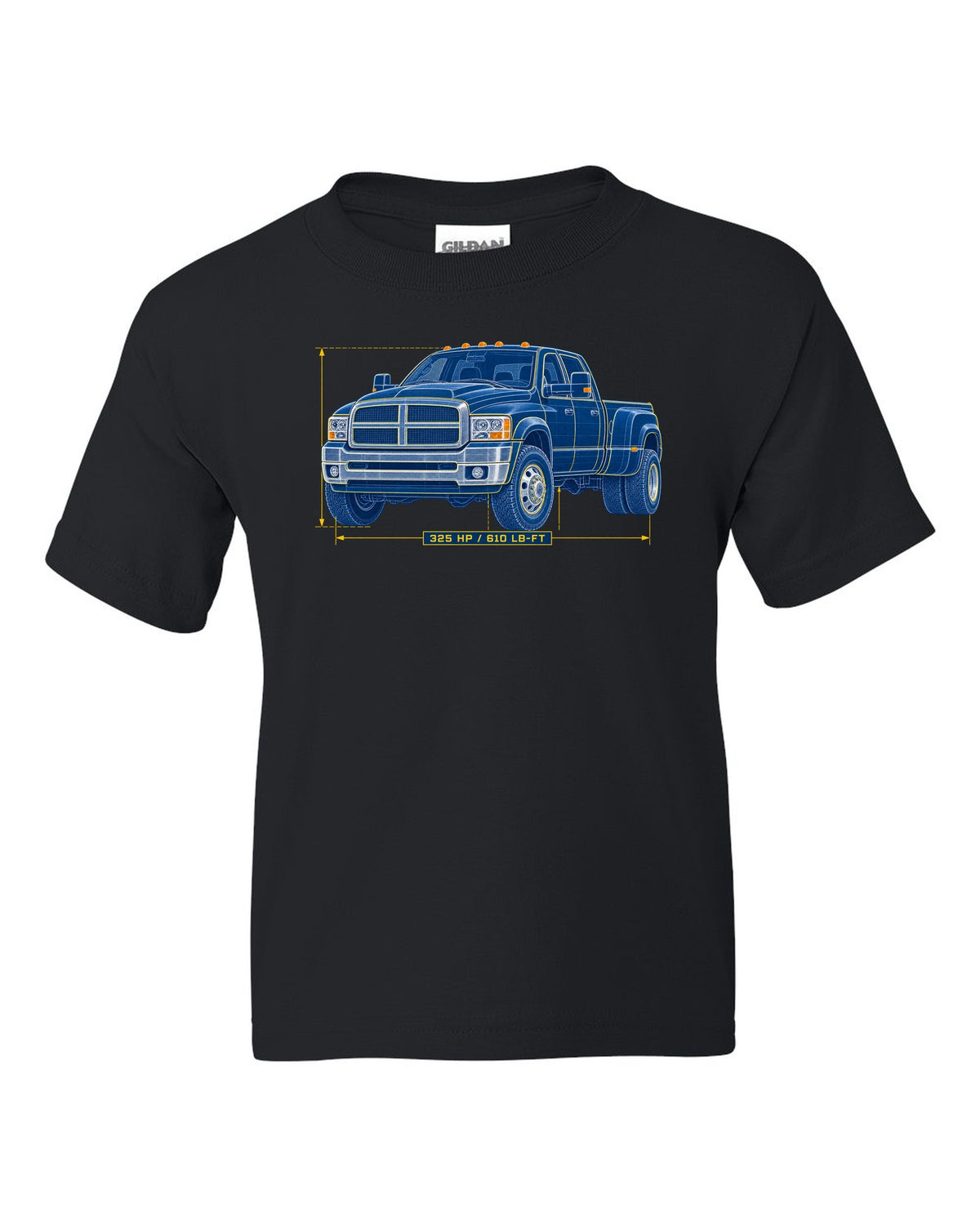 Cyanotype blueprint of a 2003-2009 Dodge Ram 3rd gen 5.9 HO with 325 HP and 610 LB-FT lettering black kids tee front view with the design