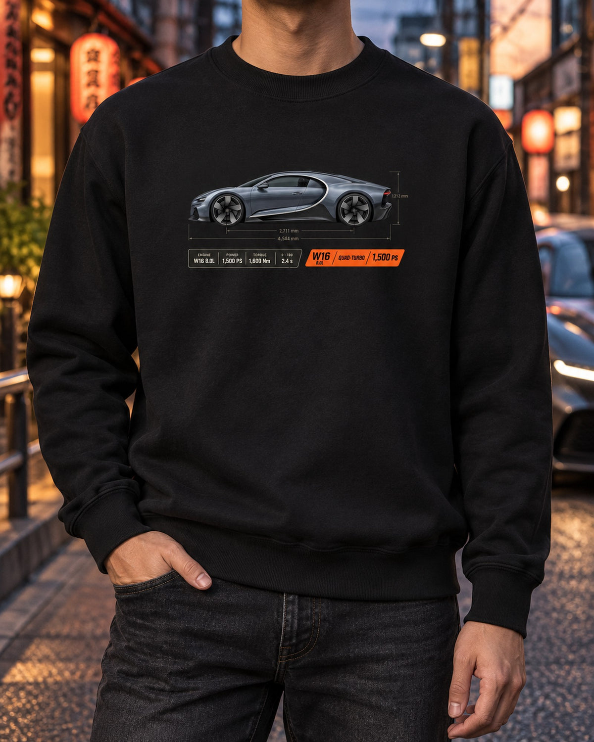 Bugatti Chiron W16 Dimension Blueprint Shirt, 1,500 PS Tee Crewneck Black worn hero