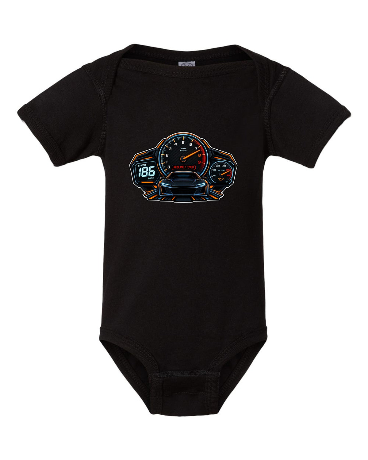 Gauge cluster HUD illustration for a Toyota GR86 ZN8 with Redline 7,400 lettering black baby onesie front view with the design