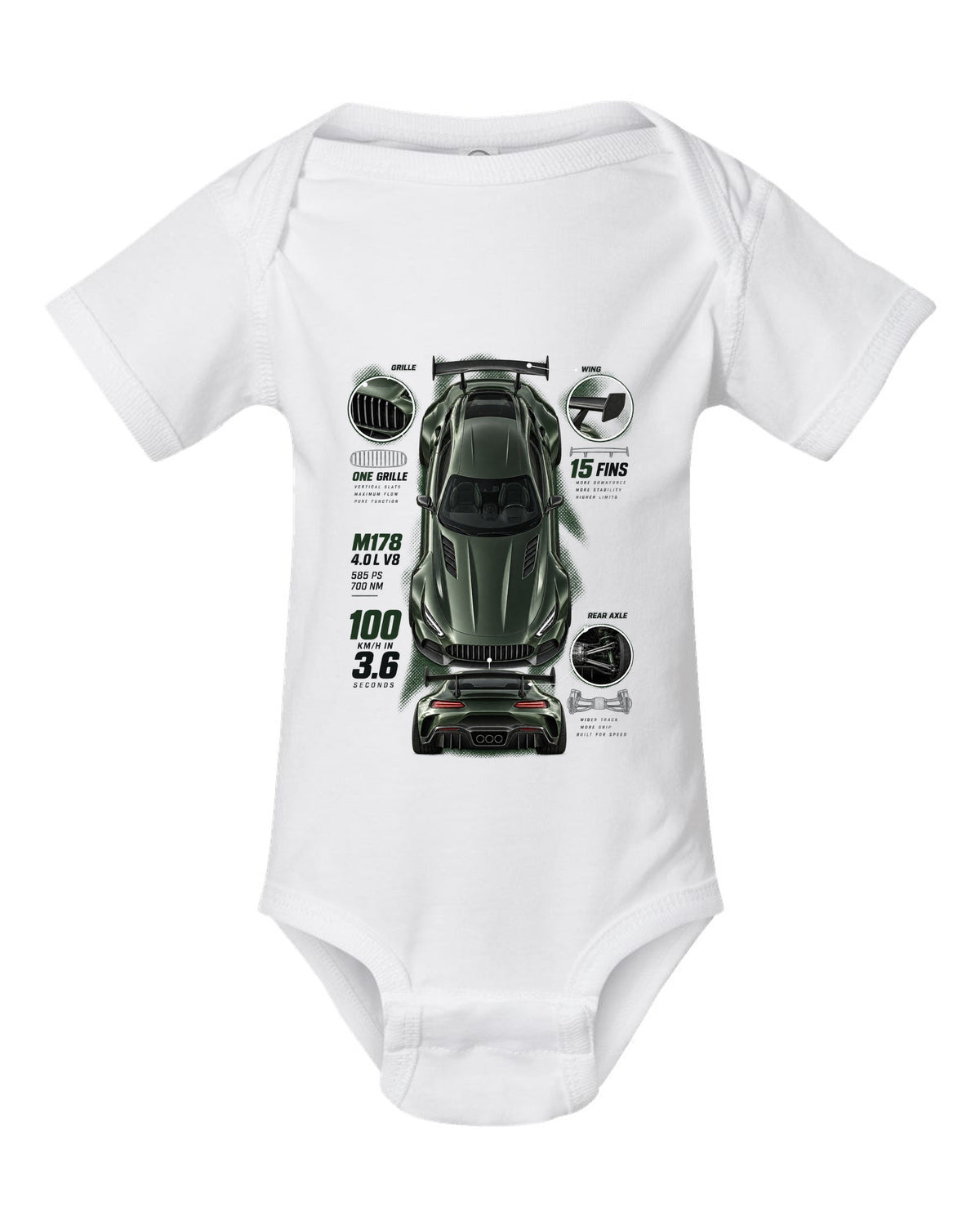Spec poster print of a Mercedes-AMG GT R C190 with 100 km/h in 3.6 and 15 fins lettering white baby onesie front view with the design