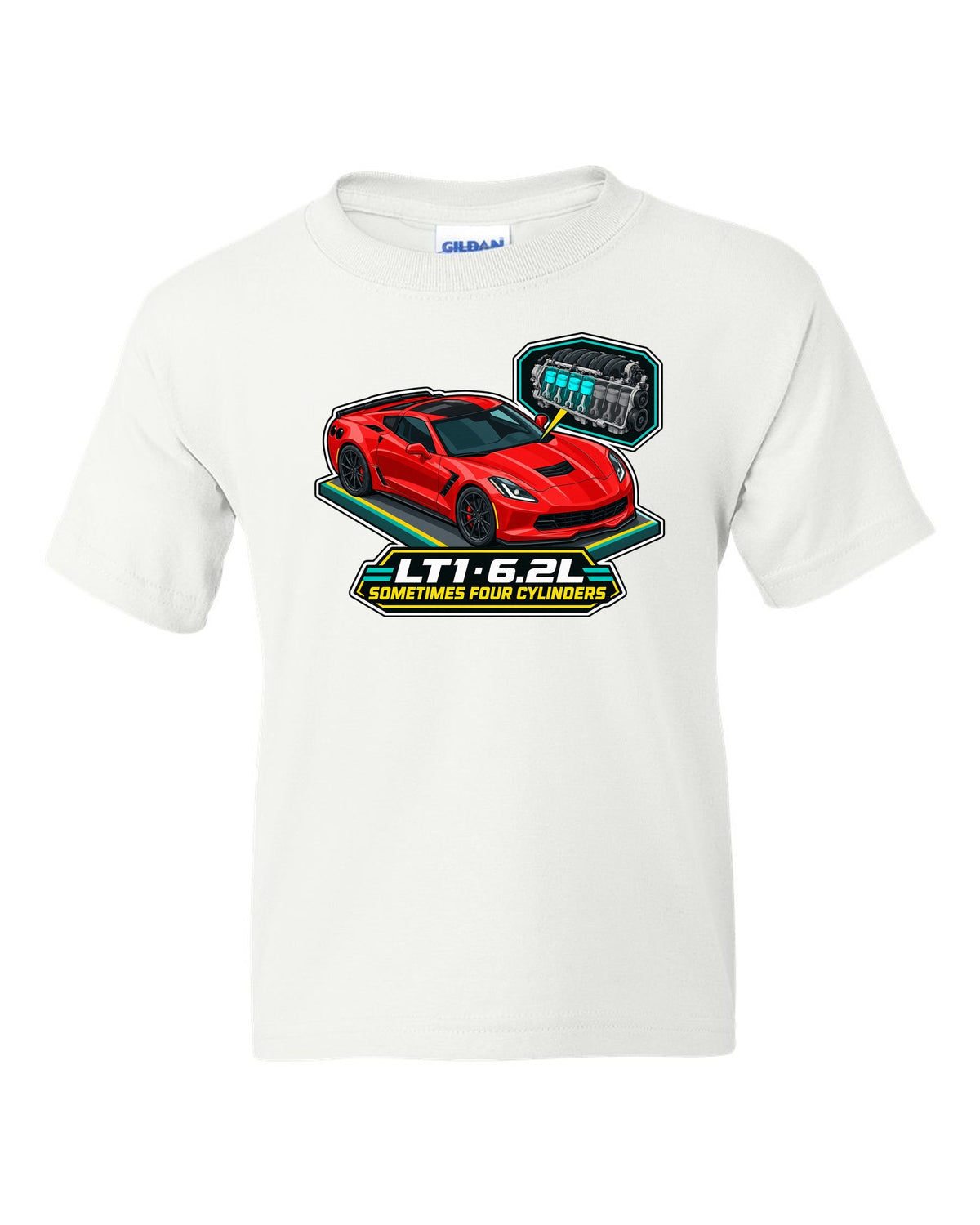Art deco Le Mans night racing poster print of a yellow Chevrolet Corvette C8.R with LT1 6.2L lettering white kids tee front view with the design