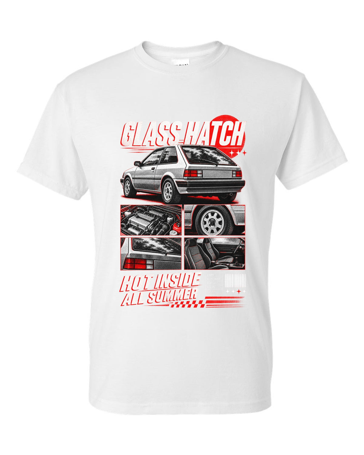 Dossier panel print for the 1989 Honda CRX EF8 Si about its glass ch being hot all summer white t-shirt front view with the design