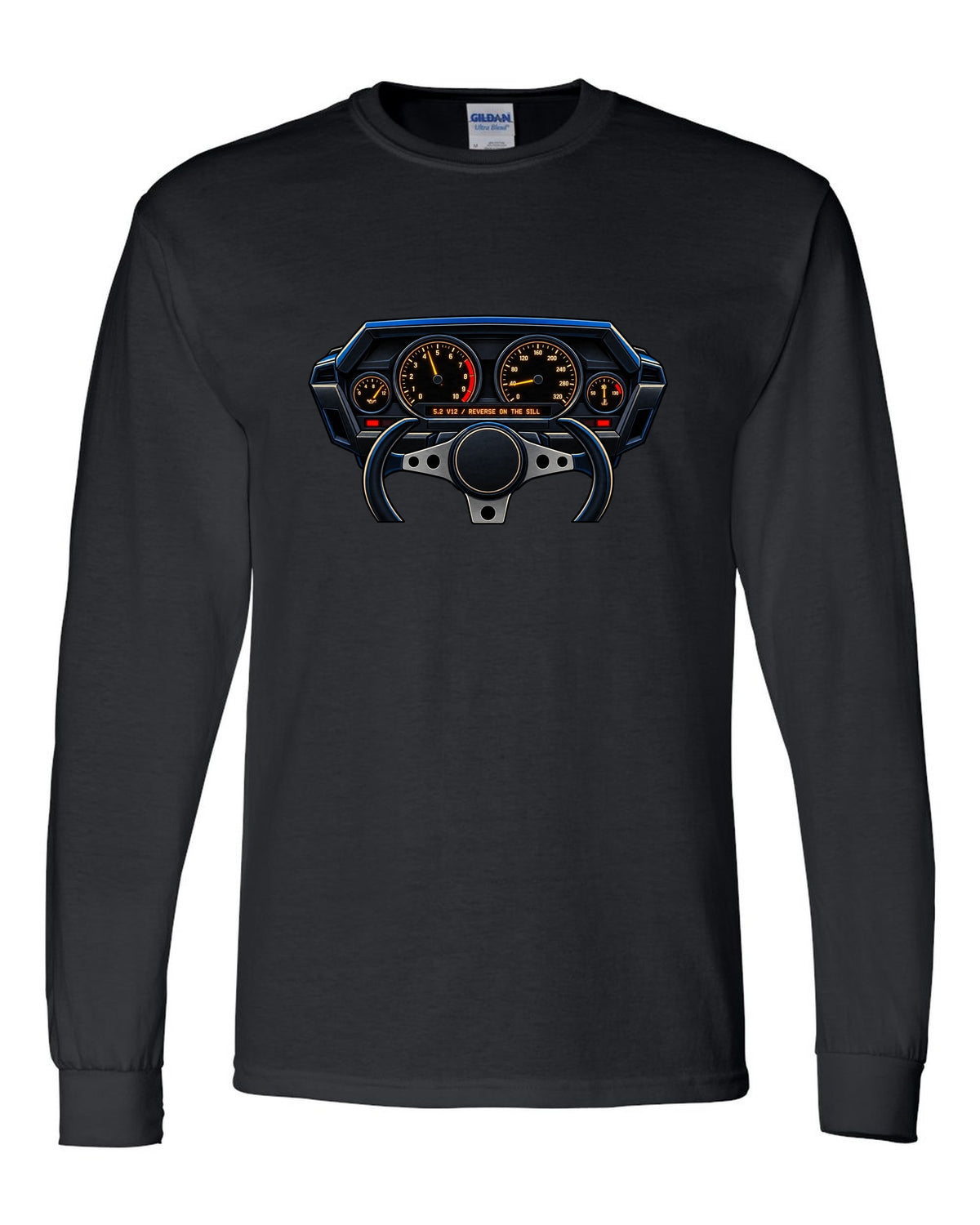 Gauge cluster graphic for a Lamborghini Countach LP5000 QV with 5.2 V12 lettering black long sleeve front view with the design