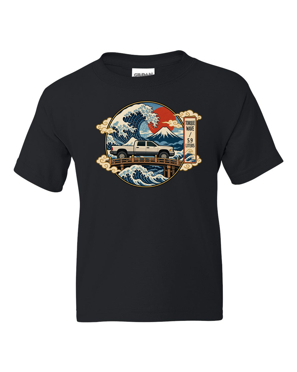 Ukiyo-e woodblock style print of a 2003-2009 Dodge Ram 2500 Cummins with torque wave 5.9 liters text black kids tee front view with the design