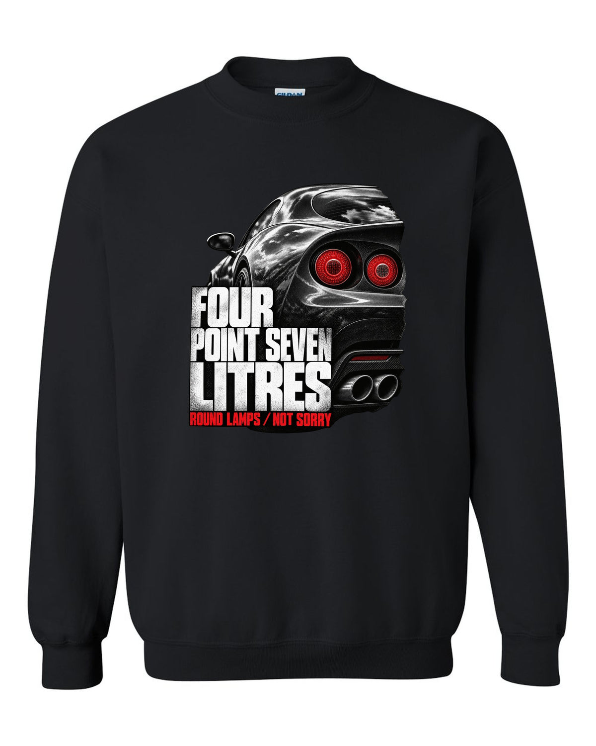 Tail lamp macro print of an Alfa Romeo 8C Competizione with four point seven litres text black crewneck front view with the design