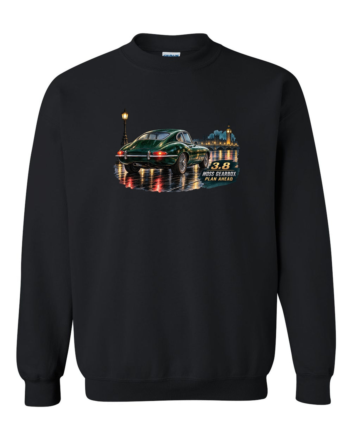 Watercolour print of 1964 Jaguar E-Type Series 1 taillights on a wet night road black crewneck front view with the design