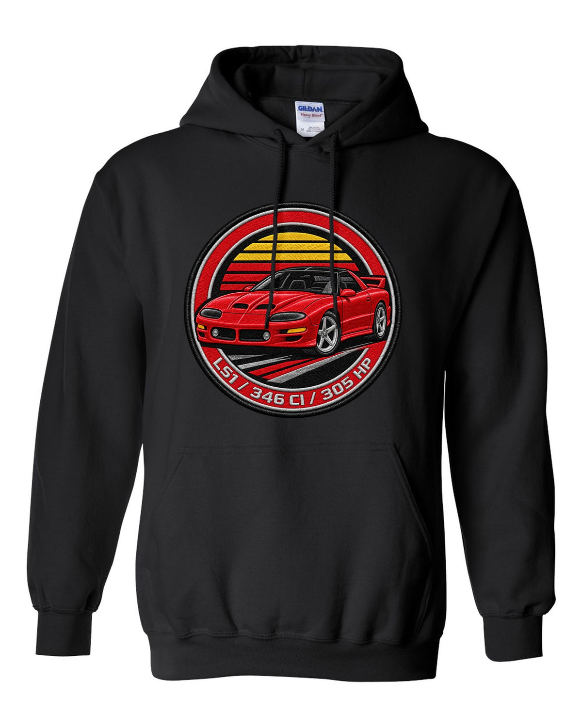 1998 Camaro SS fourth-generation in an embroidery round crest with text LS1 346 CI 305 HP black pull over hoodie front view with the design