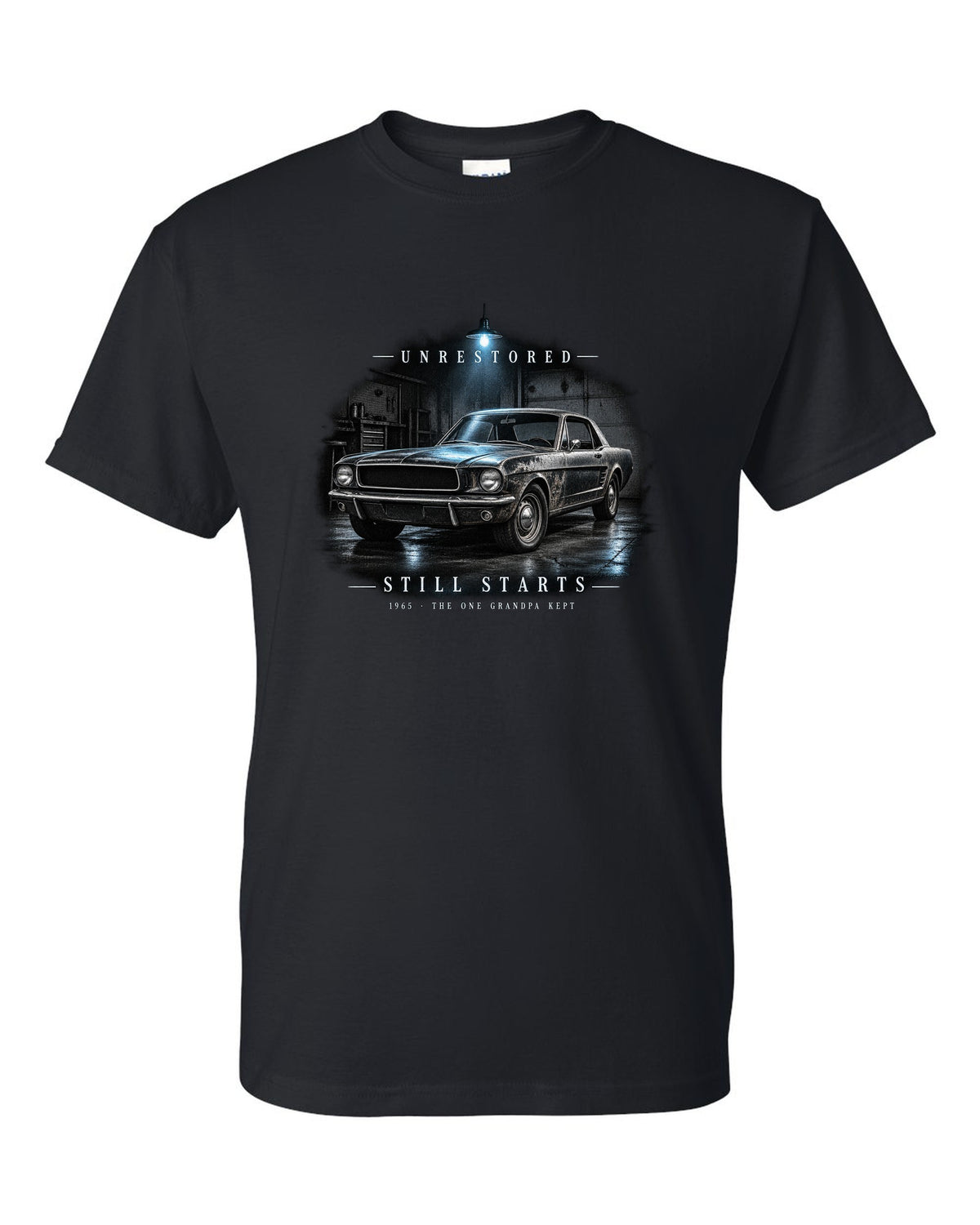 Garage night illustration of a white 1965 Ford Mustang coupe with unrestored still starts lettering black t-shirt front view with the design