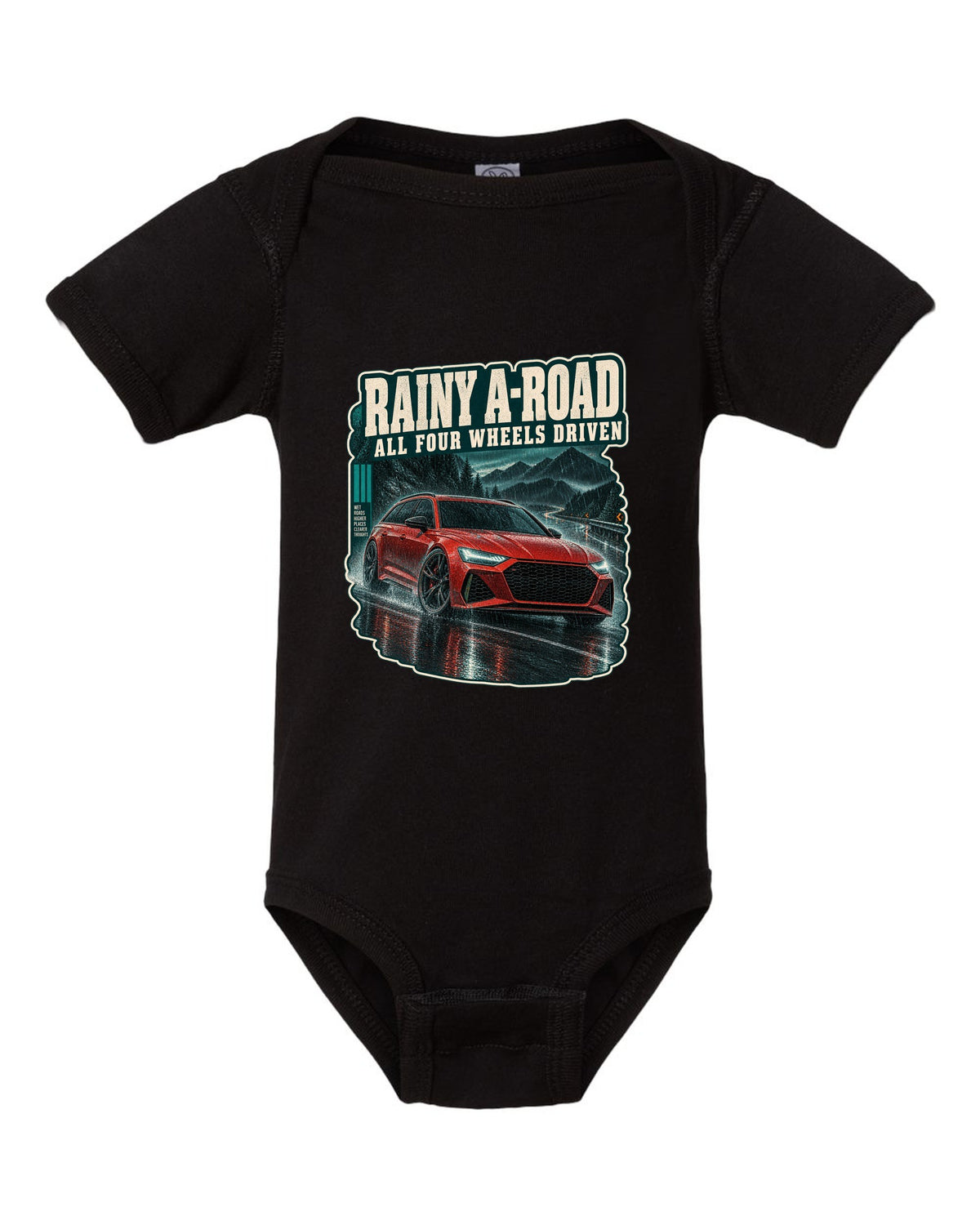 Rainy night road scene with an Audi RS6 Avant C8, all-wheel-drive caption black baby onesie front view with the design