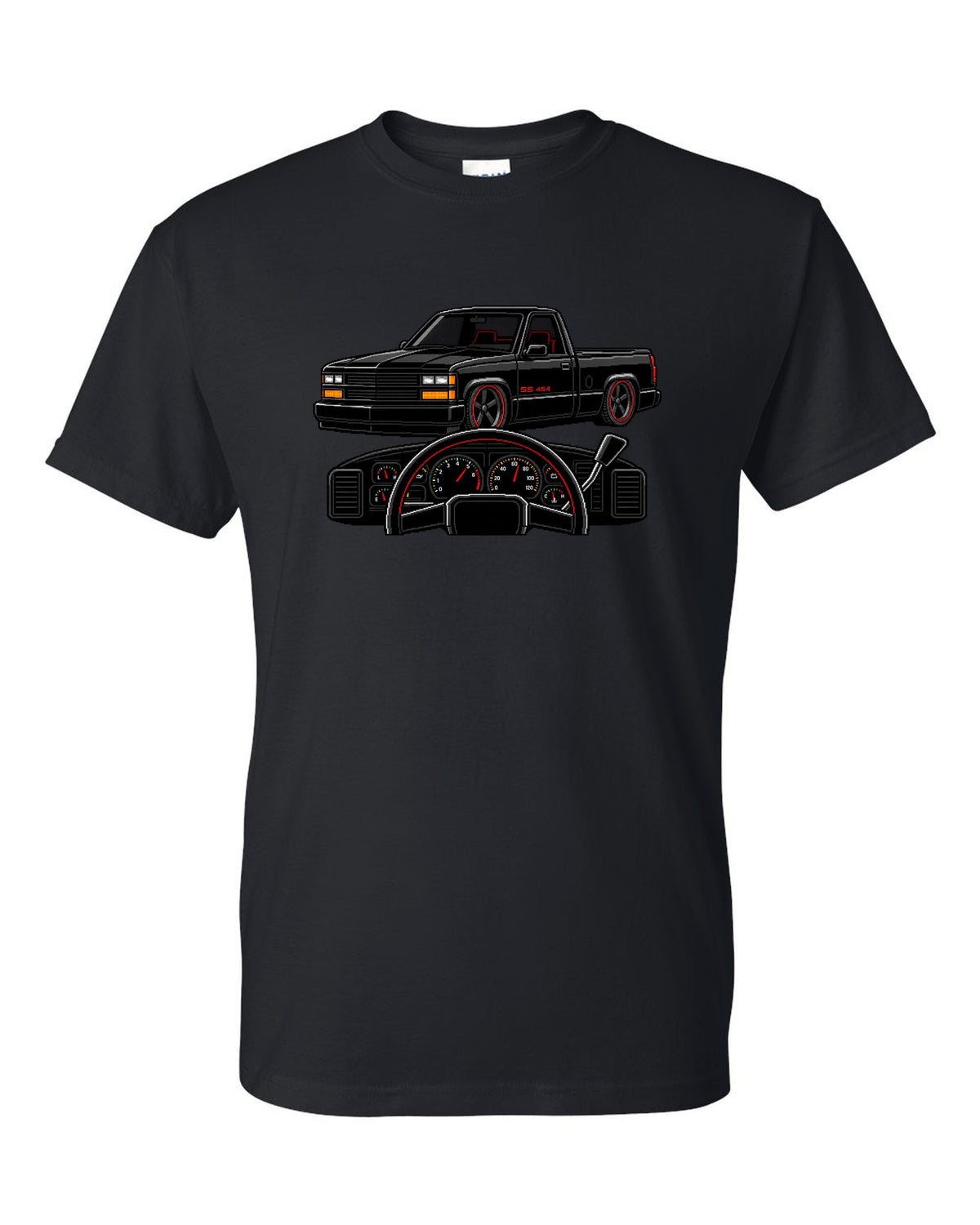 16-bit pixel art gauge print for a 1990-93 Chevrolet 454 SS pickup with SS 454 text black t-shirt front view with the design