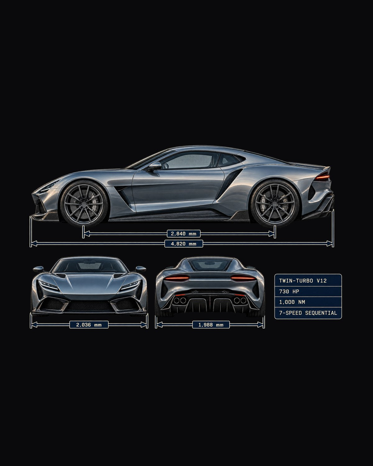 Huayra Three-View Spec Table Shirt, Twin-Turbo V12 Tee design only