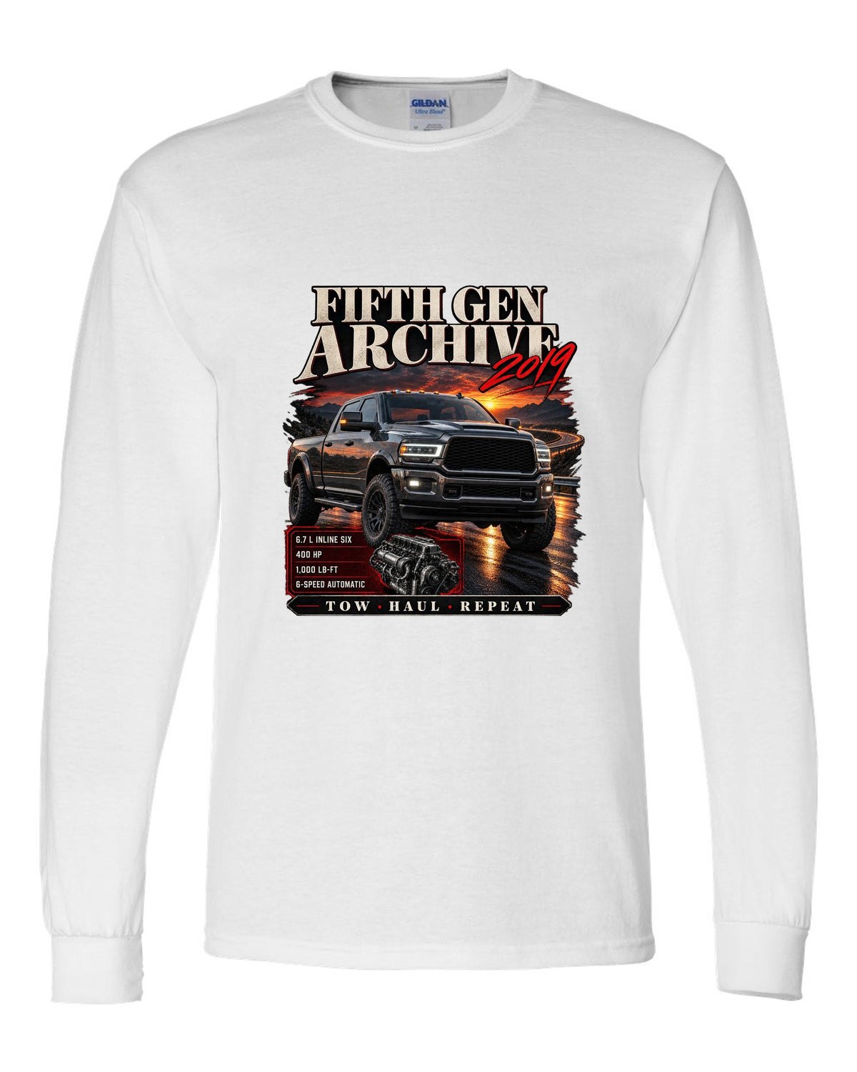 Archive panel print of a 2019 Ram HD 2500 6.7 HO diesel pickup with torque figure white long sleeve front view with the design