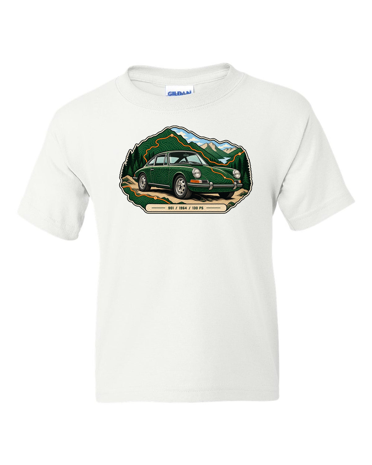 Porsche 993 RS engine bay data plate spec sheet design with 3.8 and 300 PS text white kids tee front view with the design