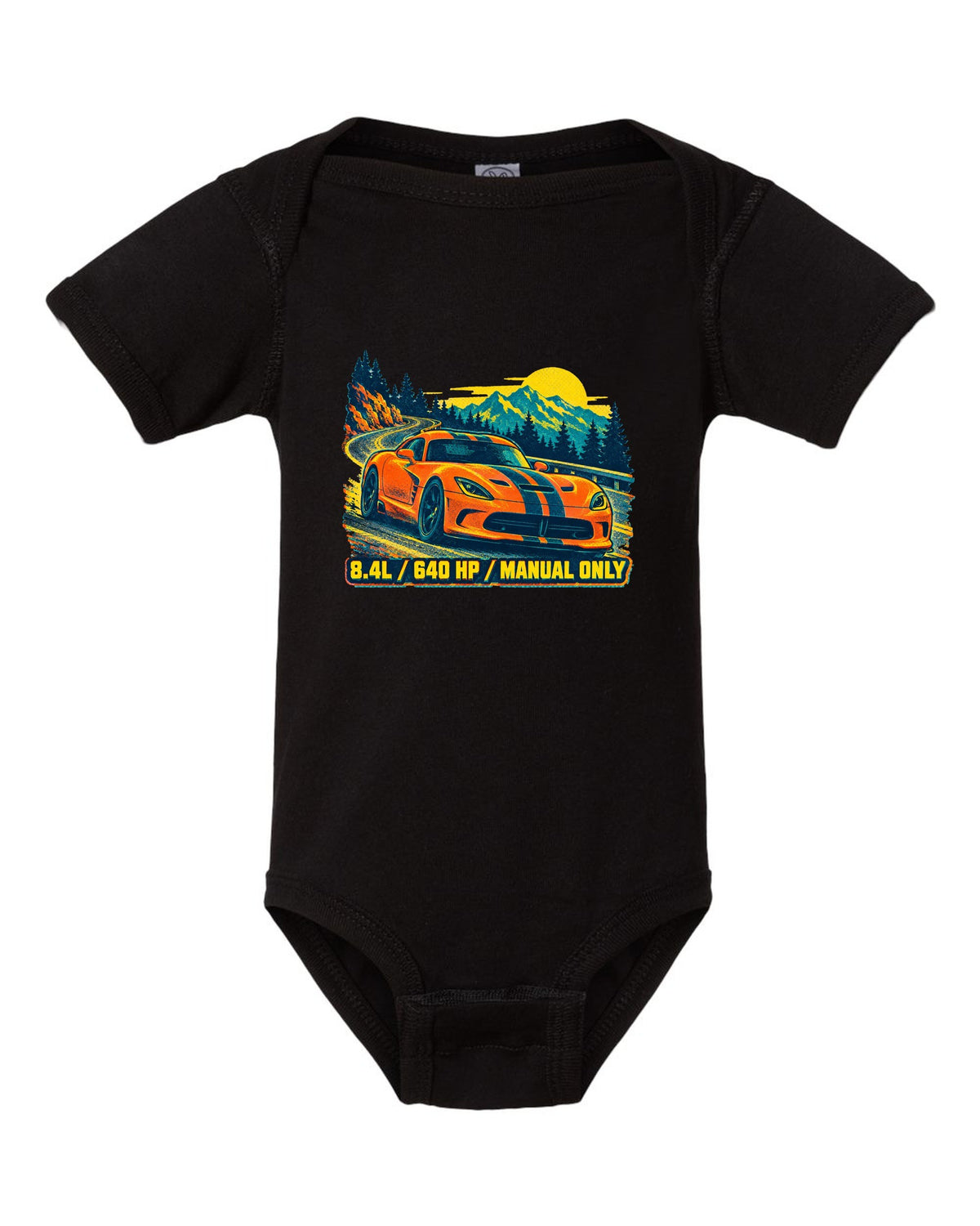 Risograph spot-colour print of a 2013 Dodge Viper VX I with 8.4L text black baby onesie front view with the design