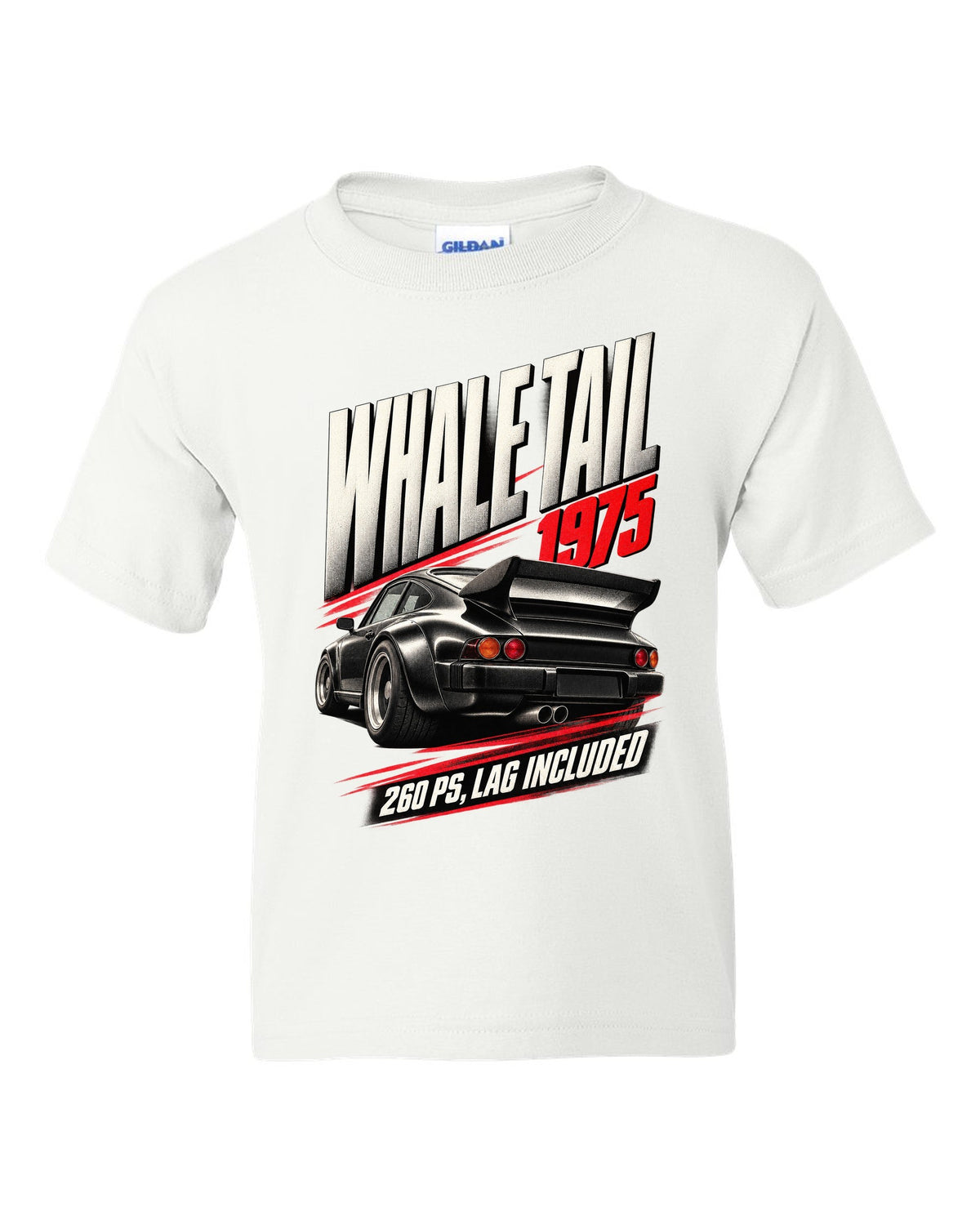Race poster print of the 1975 Porsche 911 Turbo 3.0 (930) with whale tail and 260 PS text white kids tee front view with the design
