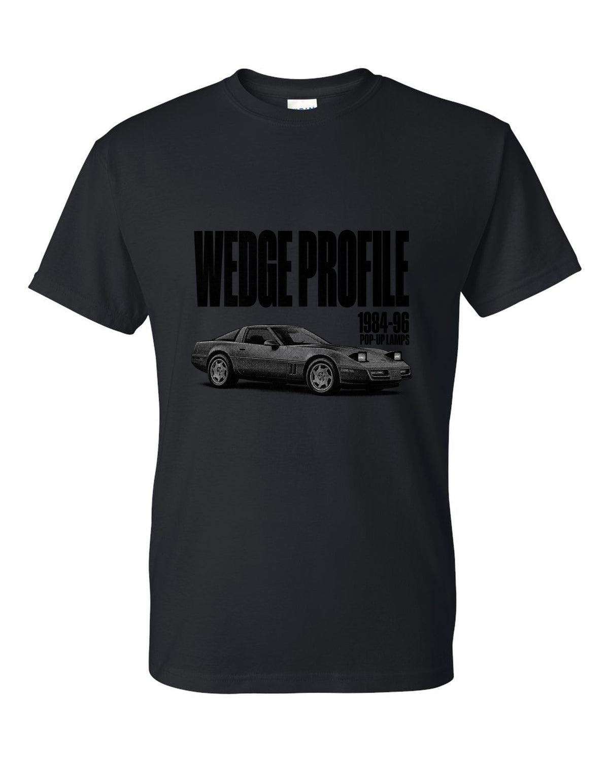 Chevrolet Corvette C4 1989 coupe wedge profile halftone print black t-shirt front view with the design