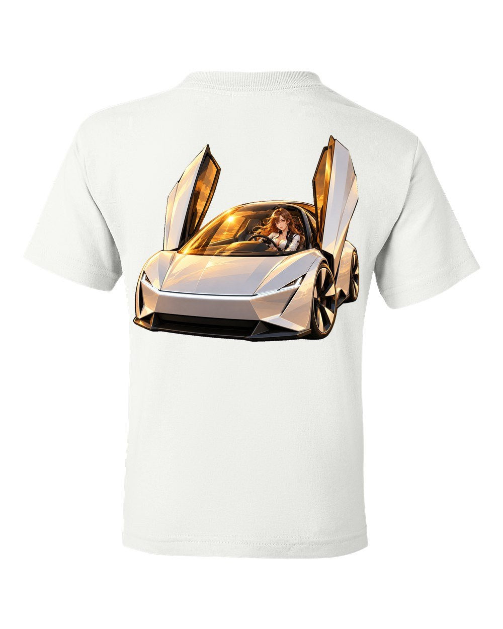 Tesla Roadster Golden Hour Anime Girl Kids Tee White back