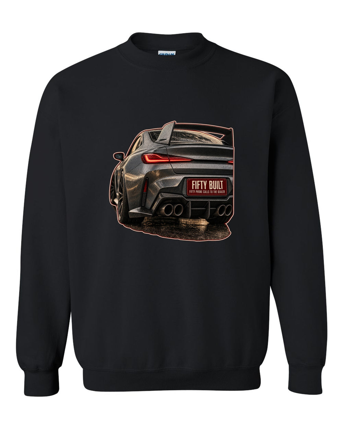 BMW 3.0 CSL 2023 rear light macro print black crewneck front view with the design