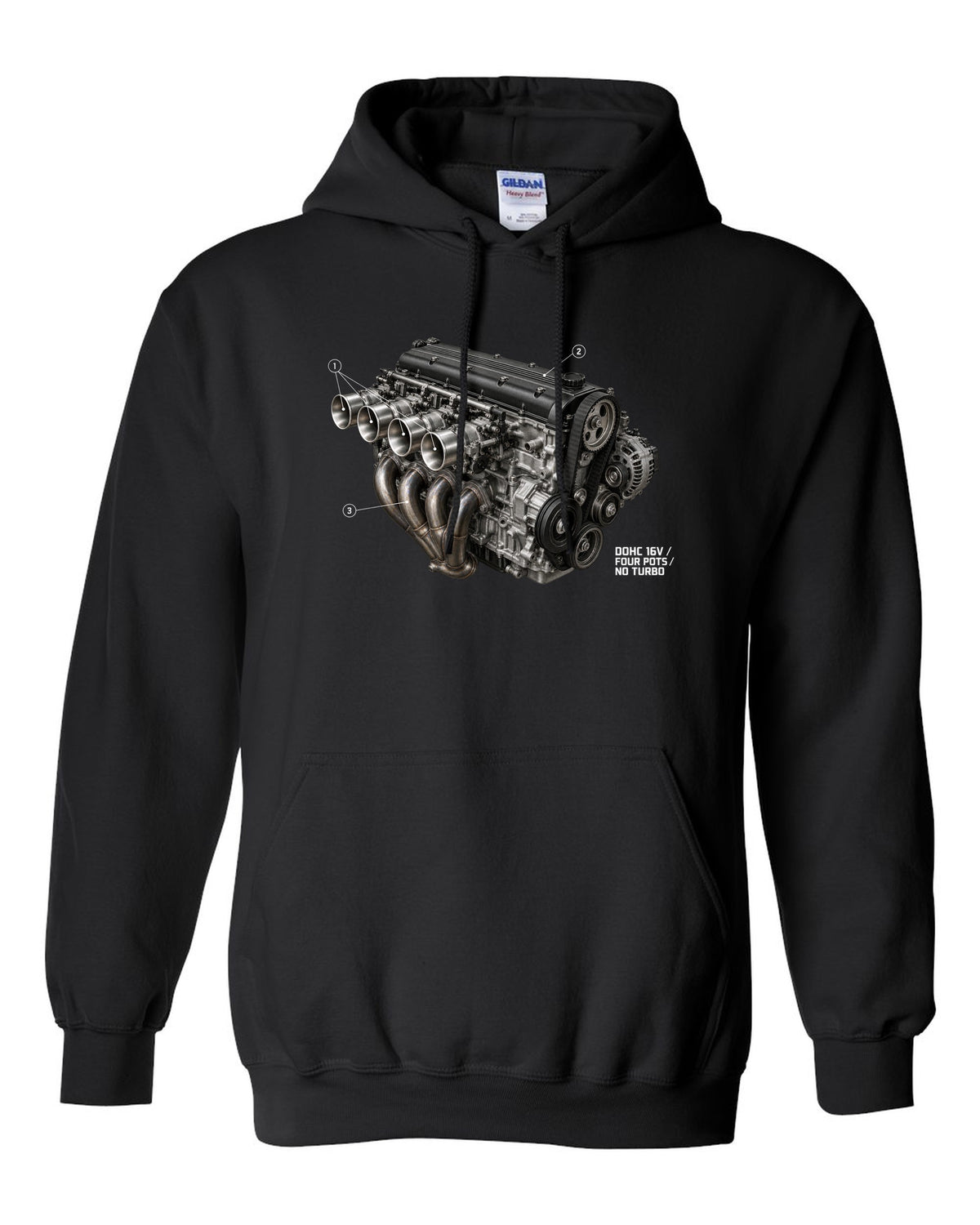BMW E30 M3 S14 engine hero print labelled DOHC 16V four pots no turbo black pull over hoodie front view with the design
