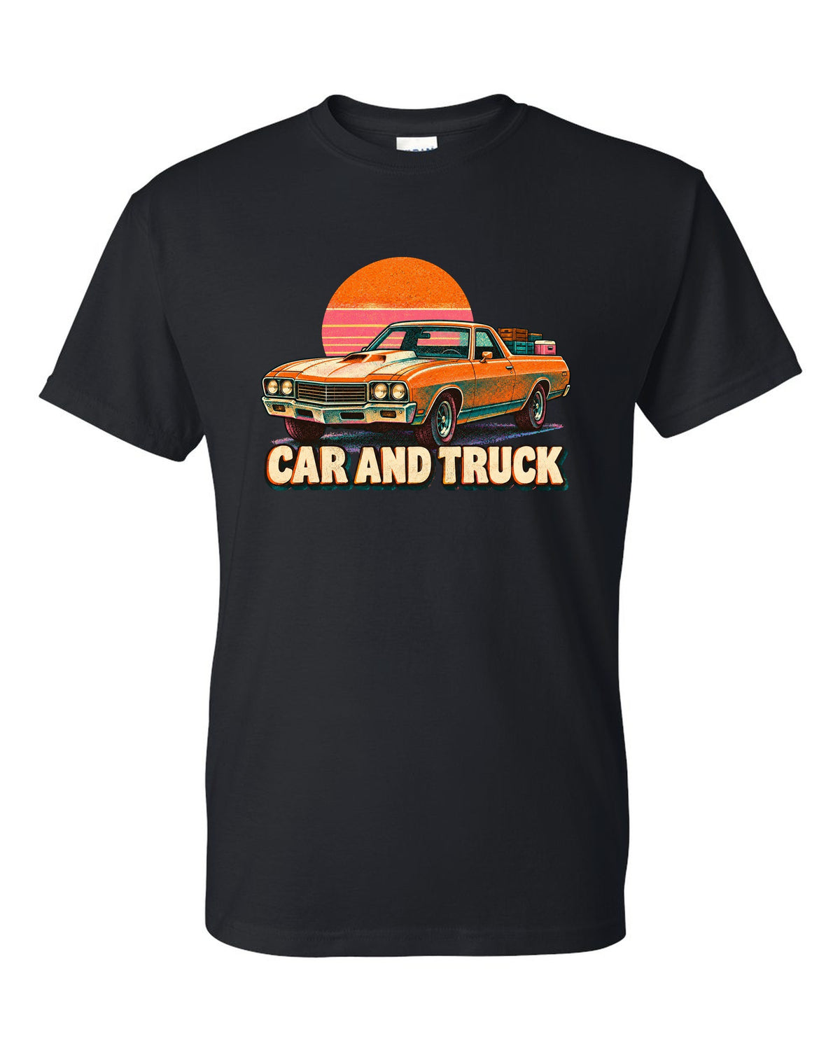 1970 Chevrolet El Camino SS 454 risograph spot-colour print reading Car and Truck black t-shirt front view with the design