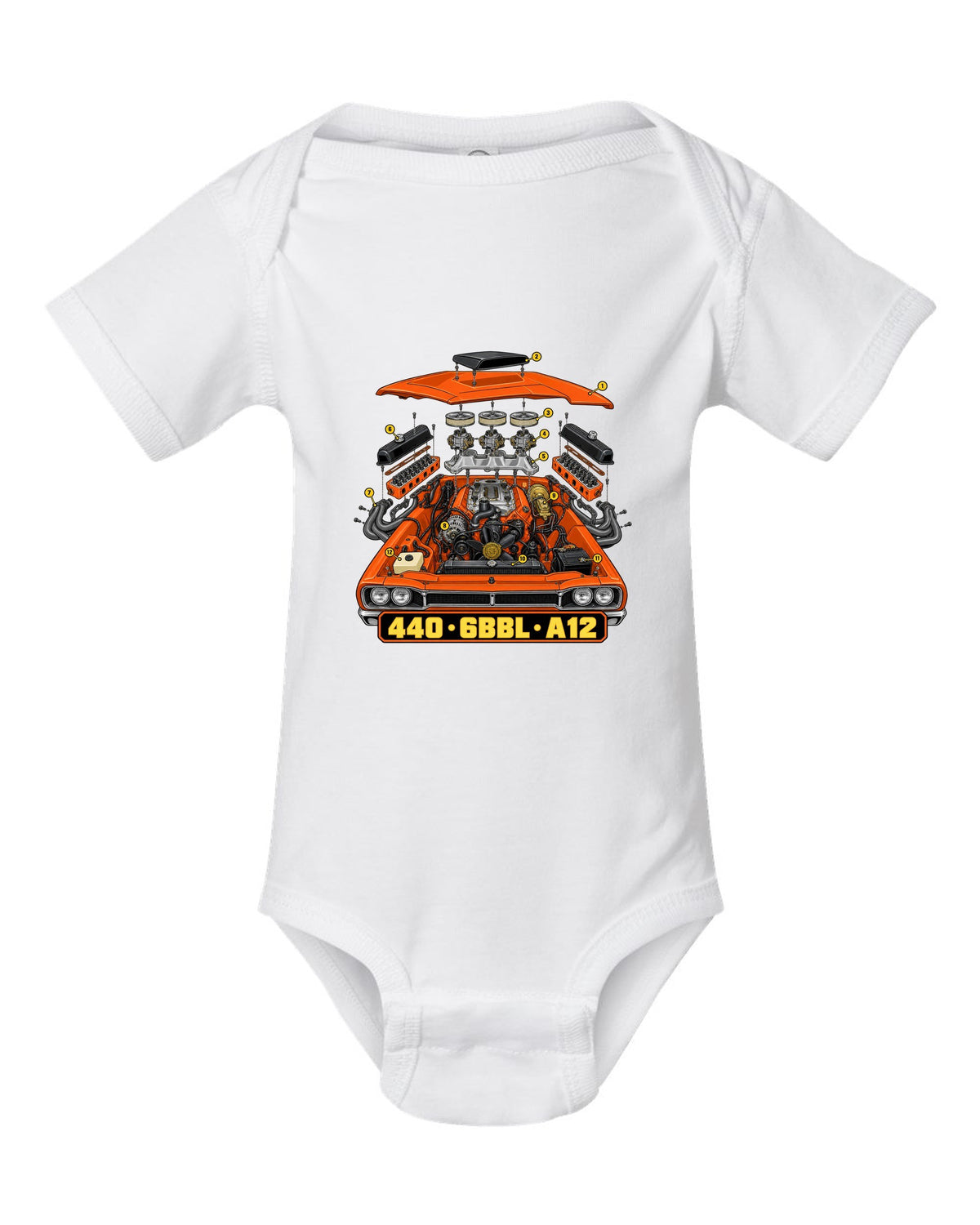 Isometric exploded technical drawing of the 440 six-barrel engine in a 1969 Dodge Coronet Super Bee A12 white baby onesie front view with the design