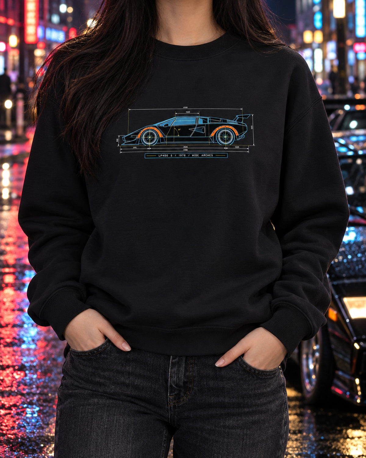 Lamborghini Countach LP400 S Wide Arch Blueprint Shirt, 1978 Crewneck Black worn hero
