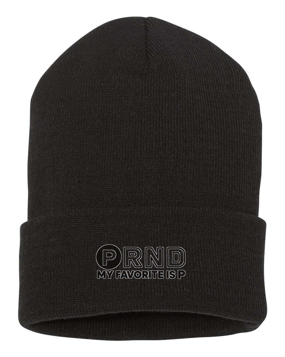 Funny Prnd Park Favorite Gear Shirt For Car Guys black beanie front view with car name