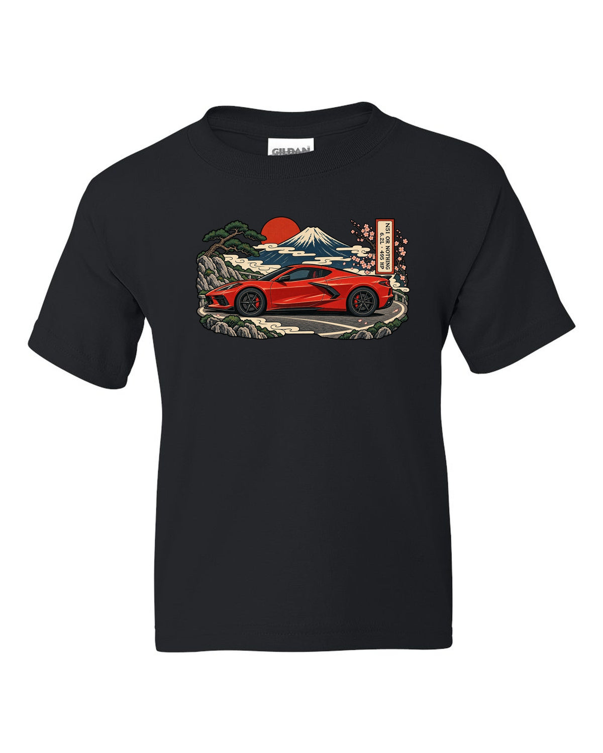 Synthwave sunset grid design with a 2020 C8 Corvette Stingray seen from the rear three-quarter black kids tee front view with the design