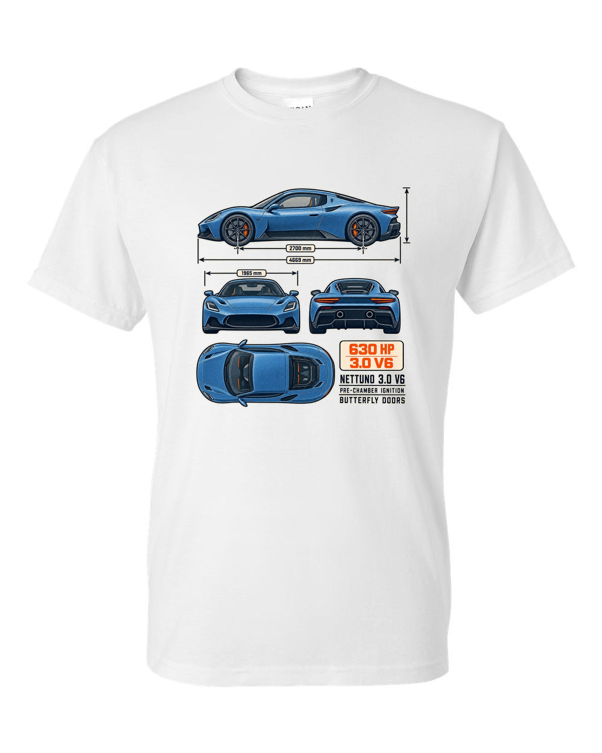 Maserati MC20 dimension blueprint print on a shirt white t-shirt front view with the design