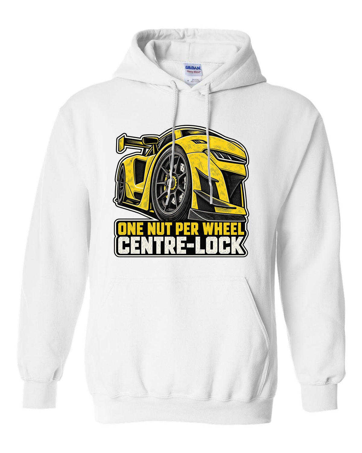 Risograph duotone design of a Corvette C8.R race car with large rear wing white pull over hoodie front view with the design