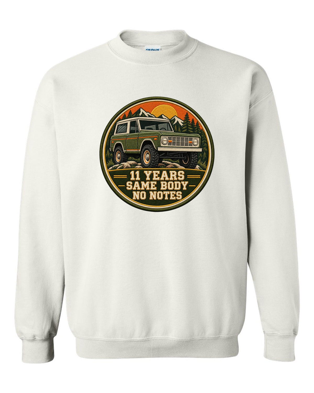 Varsity crest print for a 1966-77 Ford Bronco U15 wagon with 11 years same body text white crewneck front view with the design