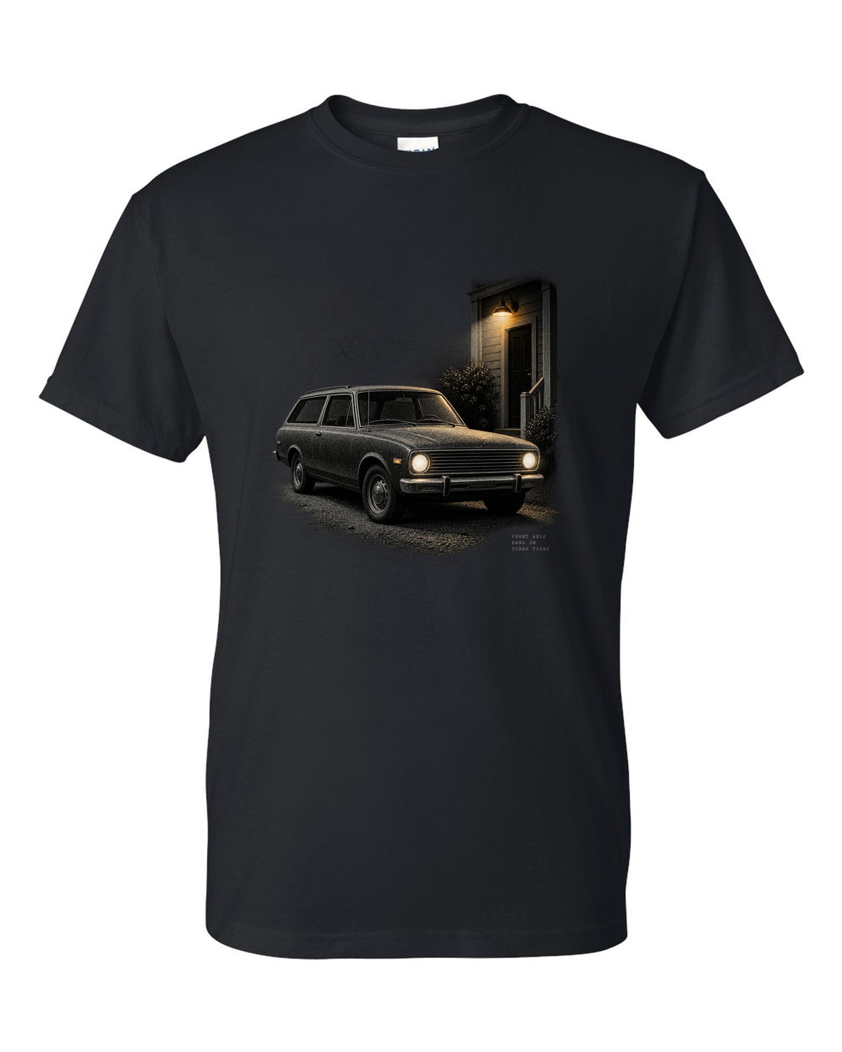 Night print of a 1966-77 early Ford Bronco U15 with Dana 30 front axle text black t-shirt front view with the design