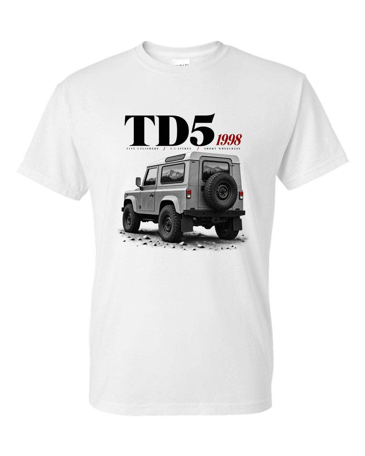Land Rover Defender 90 editorial headline print about the 1998 Td5 engine white t-shirt front view with the design