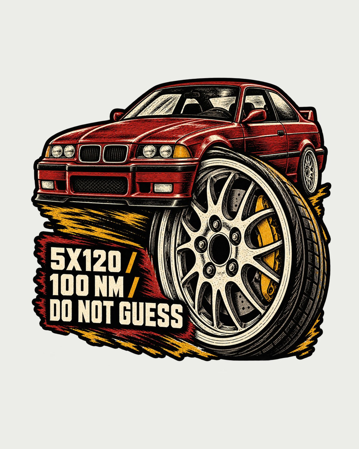 BMW E36 M3 Coupe Lug Nut Linocut Shirt, 5x120 100 Nm design only