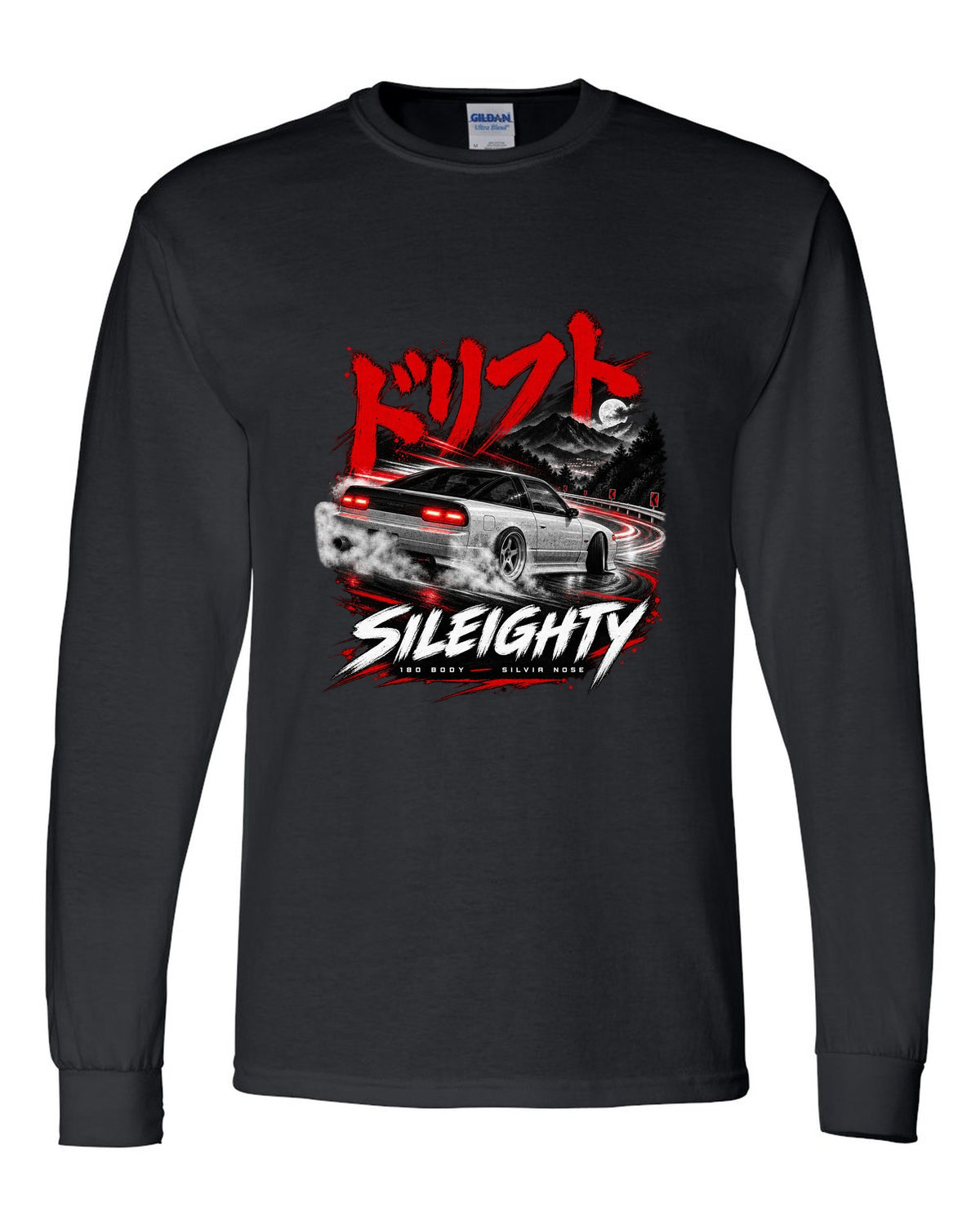 Touge night print of a Nissan Sileighty, 180SX body with Silvia nose black long sleeve front view with the design
