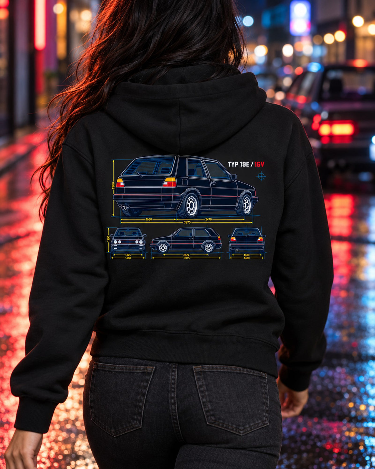 VW Golf Mk2 GTI 16V Blueprint Shirt, Typ 19E Patent Art Zip Hoodie Black worn hero