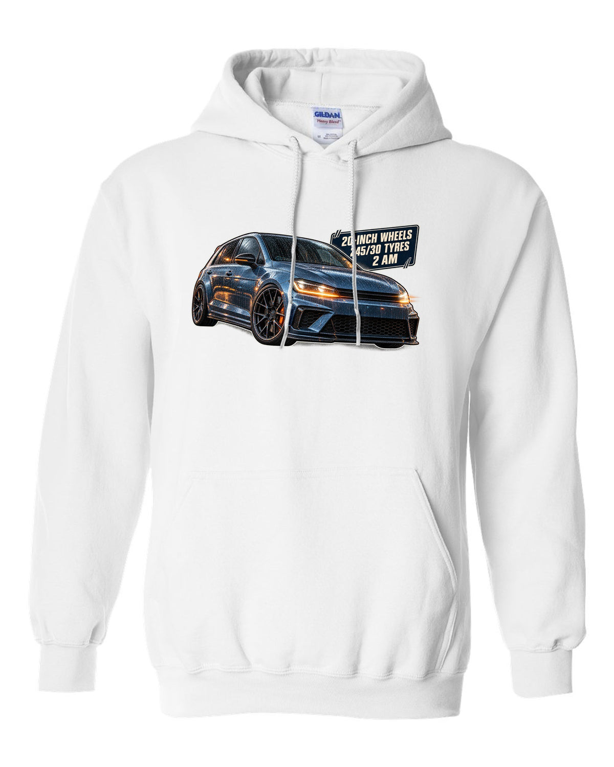 print of a Boost Blue Honda Civic Type R FK8 on a night touge road white pull over hoodie front view with the design