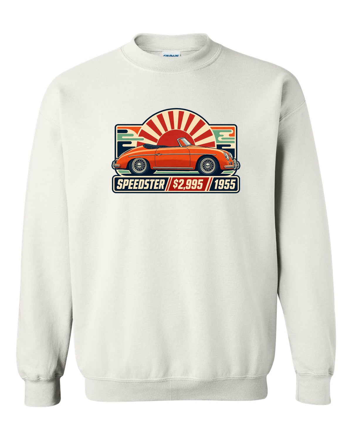print of five Porsche 911 generations in a row, labelled 901, 930, 964, 993 and 996 white crewneck front view with the design