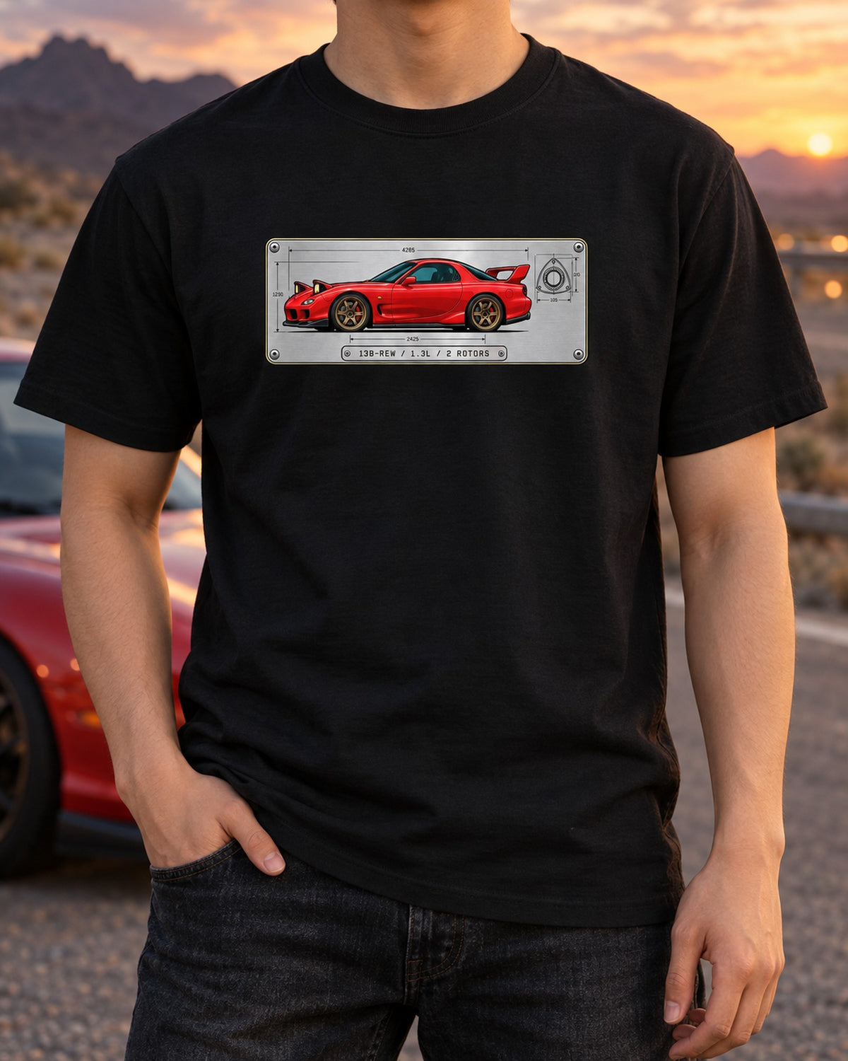 Mazda RX-7 FD3S 13B-REW Rotary Data Plate Tee T-Shirt Black worn hero