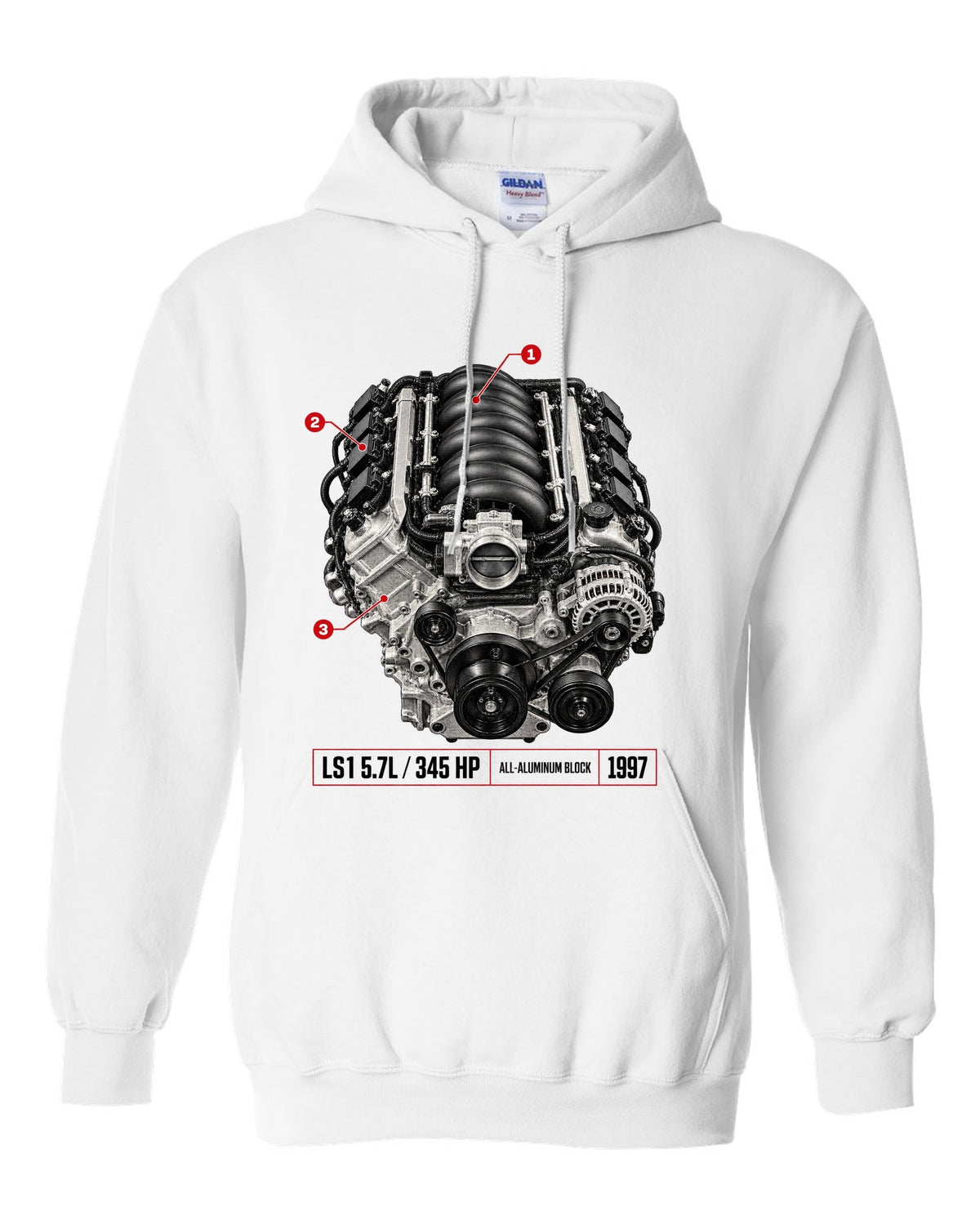 Corvette C5 coupe with LS1 5.7L engine poster print white pull over hoodie front view with the design