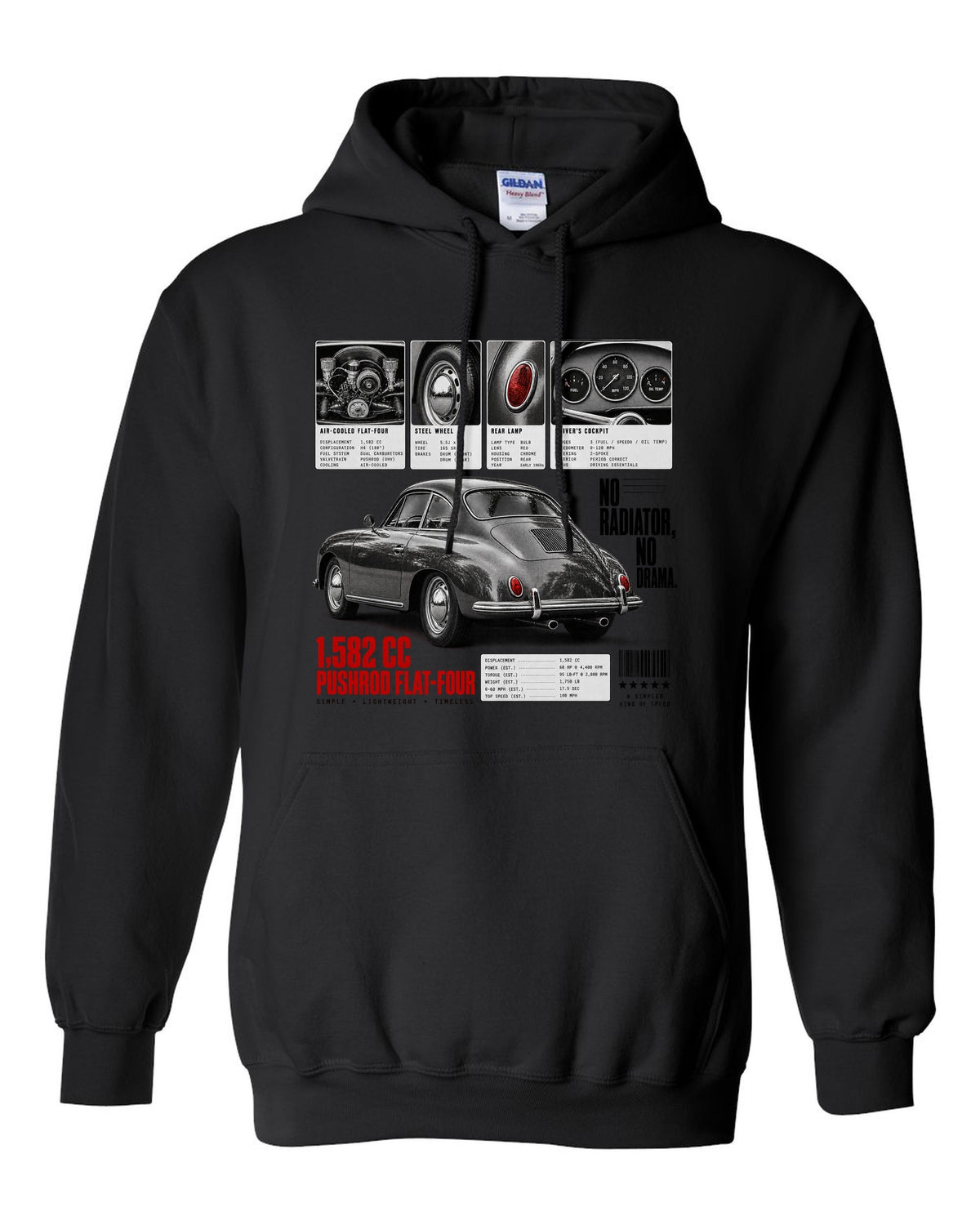 Dossier panel print of a Porsche 356 B coupe with 1,582 cc flat-four and no radiator text black pull over hoodie front view with the design
