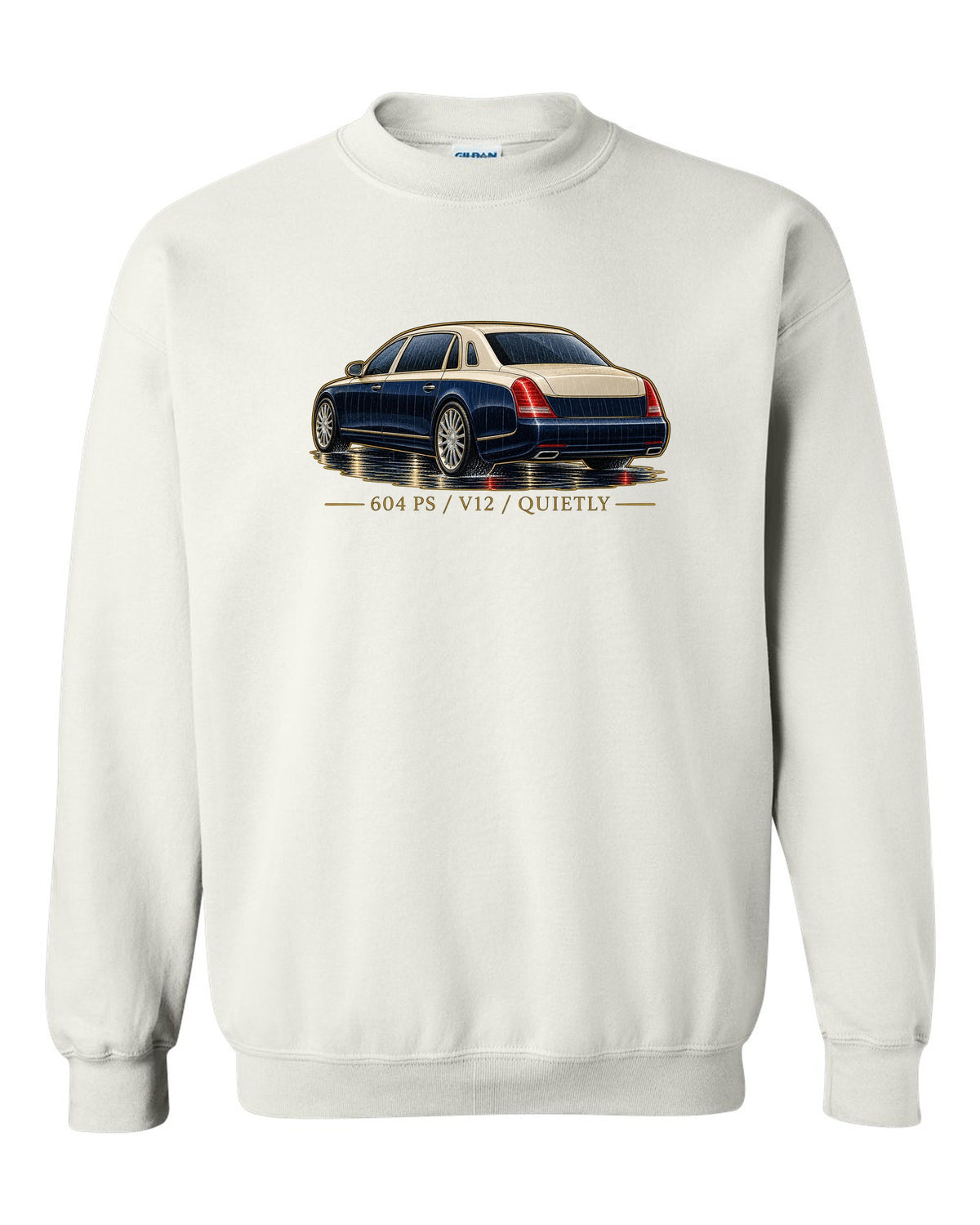 Single-line contour drawing of a Maybach 57 S W240 in rain with 604 PS V12 Quietly text white crewneck front view with the design