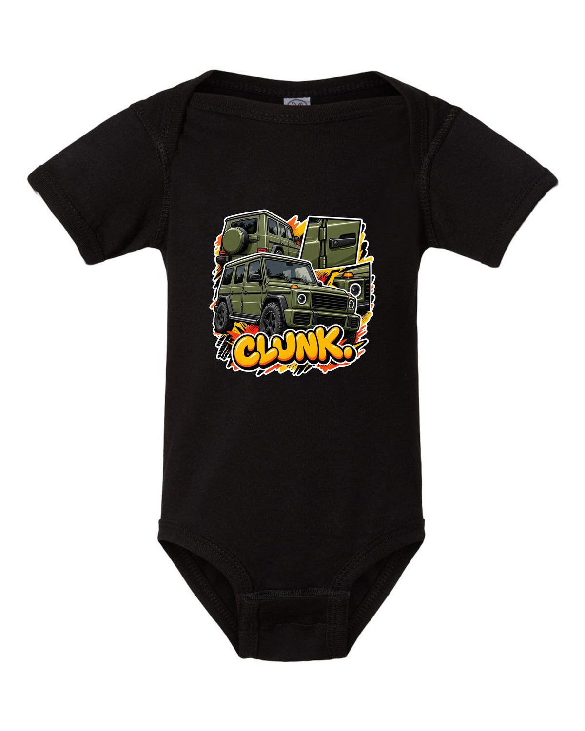 Stencil spray street art graphic of a Mercedes G63 W464 with round headlights, print black baby onesie front view with the design