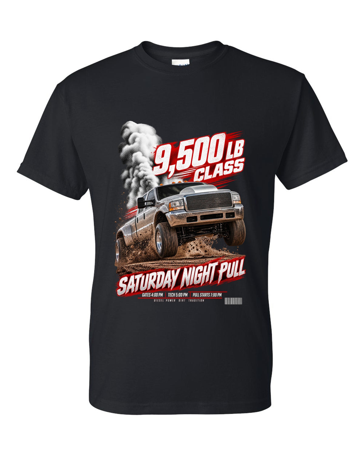Race poster of a 1998.5-2002 Ram 2500 24V with the text 9,500 lb class, Saturday night pull black t-shirt front view with the design