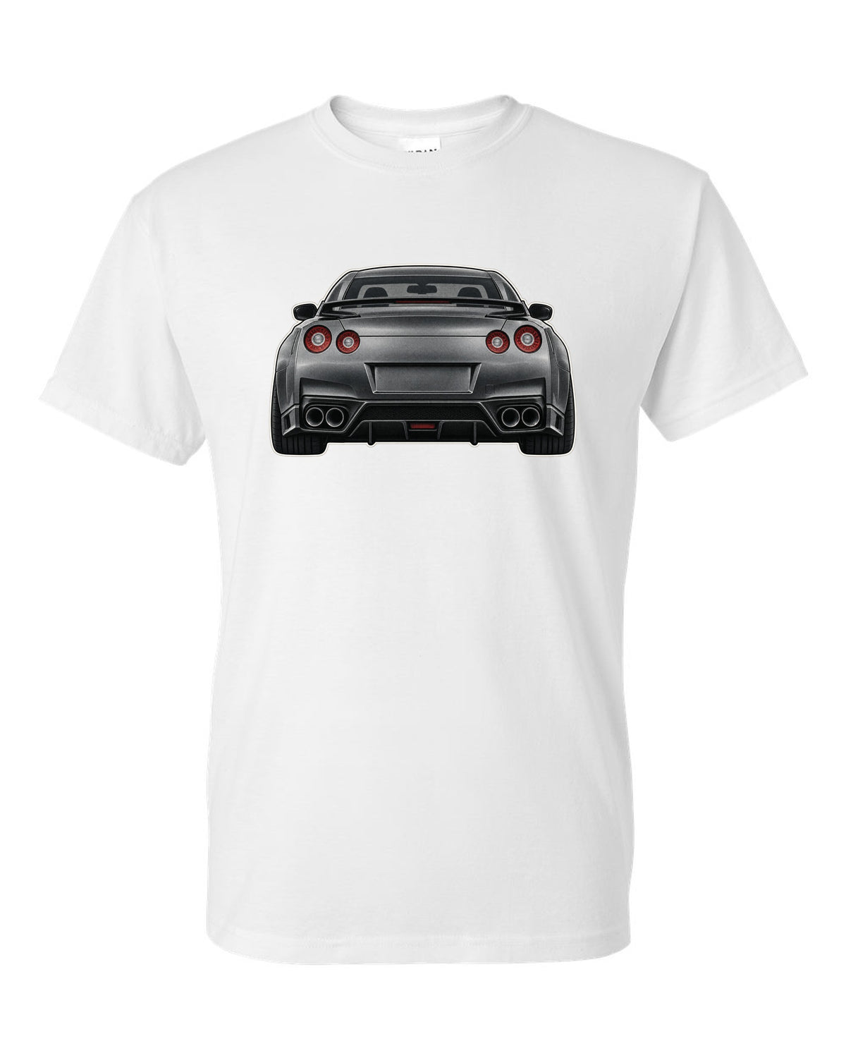 2023 Nissan Z Sport three-view drawing with spec table in warm grey white t-shirt front view with the design