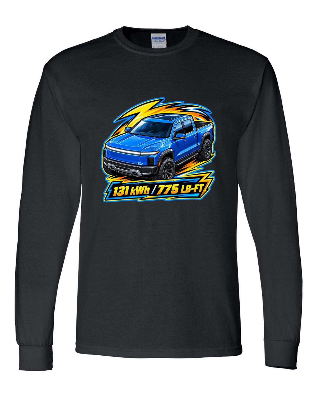 Ford F-150 Lightning EV on a die-cast toy card style print black long sleeve front view with the design