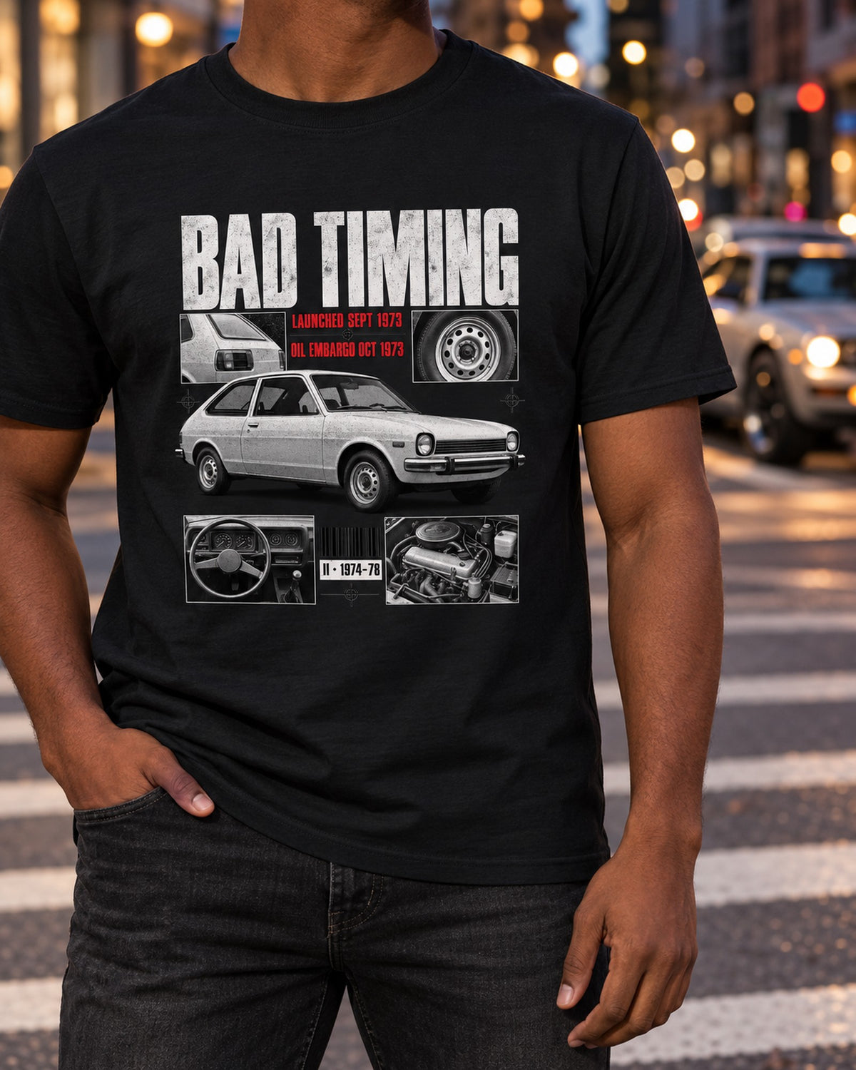 1974 Ford Mustang II Bad Timing Dossier Shirt, Oil Embargo T-Shirt Black worn hero
