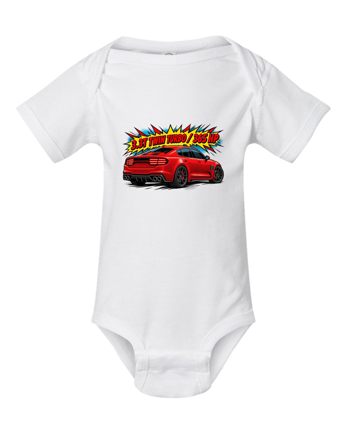 Comic halftone print of a Kia Stinger GT CK rear with 3.3T twin turbo 365 HP text white baby onesie front view with the design
