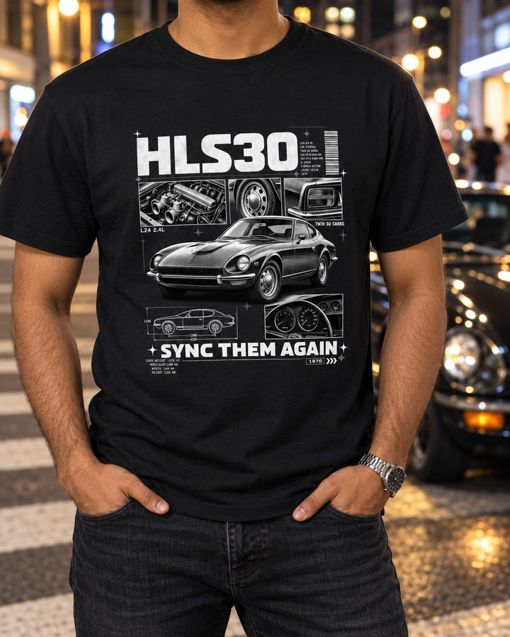 Datsun 240Z HLS30 1970 Dossier Panels Tee, L24 Twin SU Carbs T-Shirt Black worn hero